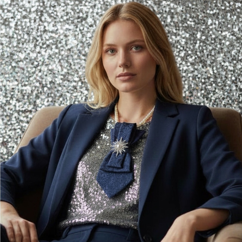 “Dainty Dapper”Elegant Navy and Silver Women's necktie Necklace